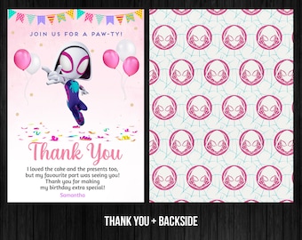 Spidey Friends Spider Gwen Dankeskarte Geburtstagskind Spiderman Party Printable Bearbeitbare Vorlage Canva Digitaler oder gedruckter Geschenkanhänger