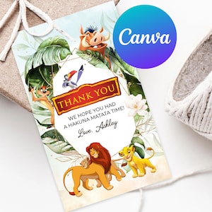 Rey León primer cumpleaños gracias etiquetas imprimible niño Hakuna Matata Simba Pumbaa Timone Favor etiqueta fiesta de cumpleaños decoración plantilla editable