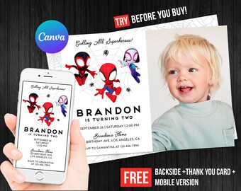 Può includere: Un invito di compleanno con personaggi di Spider-Man e la scritta "BRANDON COMPIE DUE ANNI." L'invito include una foto di un bambino sorridente e le parole "Calling All Superheroes!" e "TRY BEFORE YOU BUY!"