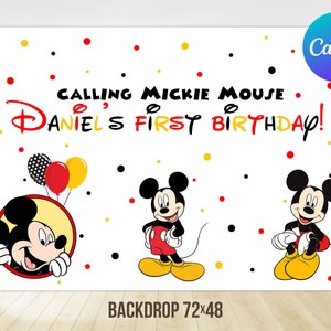 Mickey Mouse First Birthday Backdrop Boy Mickey 1st Birthday Decoration Printable Editable Template Digital Printable