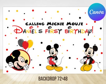 Mickey Mouse First Birthday Backdrop Boy Mickey 1st Birthday Decoration Printable Editable Template Digital Printable