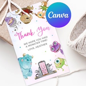 May include: A gift tag with a watercolour design featuring cartoon monsters. The tag says "Thank You" in pink script, with the text "WE HOPE YOU HAD A MONSTER TIME! LOVE, HEATHER". A Canva logo is in the upper right corner.
