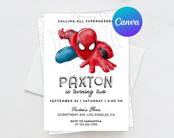 Invitación de cumpleaños de Spiderman para niño, plantilla editable, descarga instantánea, fiesta temática de superhéroes, invitaciones digitales o impresas