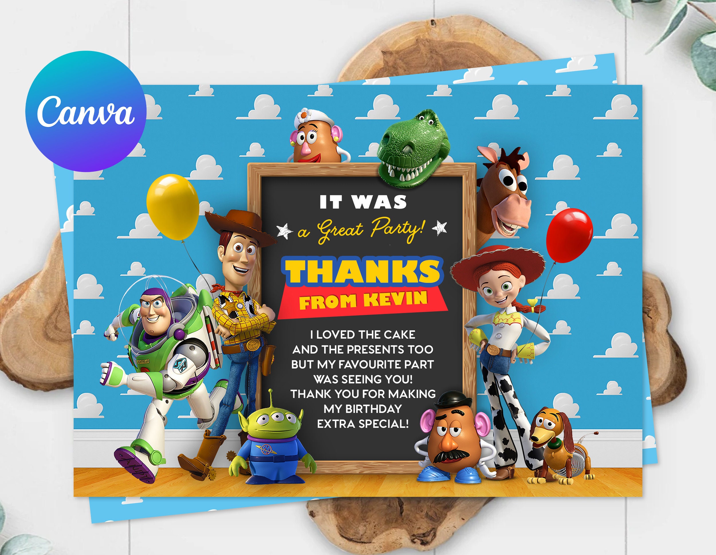 Twee Infinity and Beyond Toy Story verjaardag bedankkaart Woody Buzz Toy kinderfeestje Instant Download digitale afdrukbare bewerkbare sjabloon