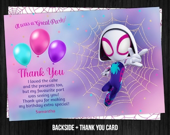 Spidey Friends Spider Gwen Dankeskarte Geburtstagskind Spiderman Party Printable Bearbeitbare Vorlage Canva Digitaler oder gedruckter Geschenkanhänger