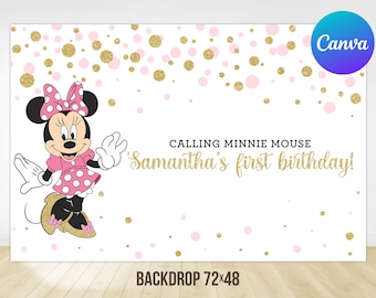 Minnie Maus Erster Geburtstag Hintergrund Mädchen Minnie 1st Birthday Party Dekoration Gold und Rosa Druckbare Bearbeitbare Vorlage Digital Printable