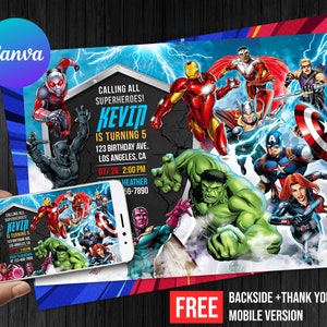 Invito di compleanno Avengers per ragazzi Download digitale o biglietto di ringraziamento stampato Modello Canva modificabile Download immediato Festa a tema Avengers