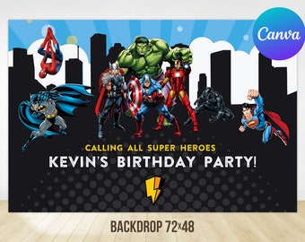 Superhero Birthday Backdrop Boy Avengers Party Decoration Printable Editable Template Digital Printable