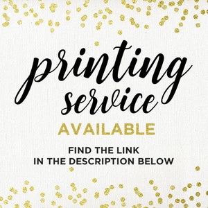 Może przedstawiać: Białe tło ze złotym konfetti i słowami "printing service" w eleganckim czarnym skrypcie. Poniżej, w kolorze złotym, napis "AVAILABLE" i "FIND THE LINK IN THE DESCRIPTION BELOW".