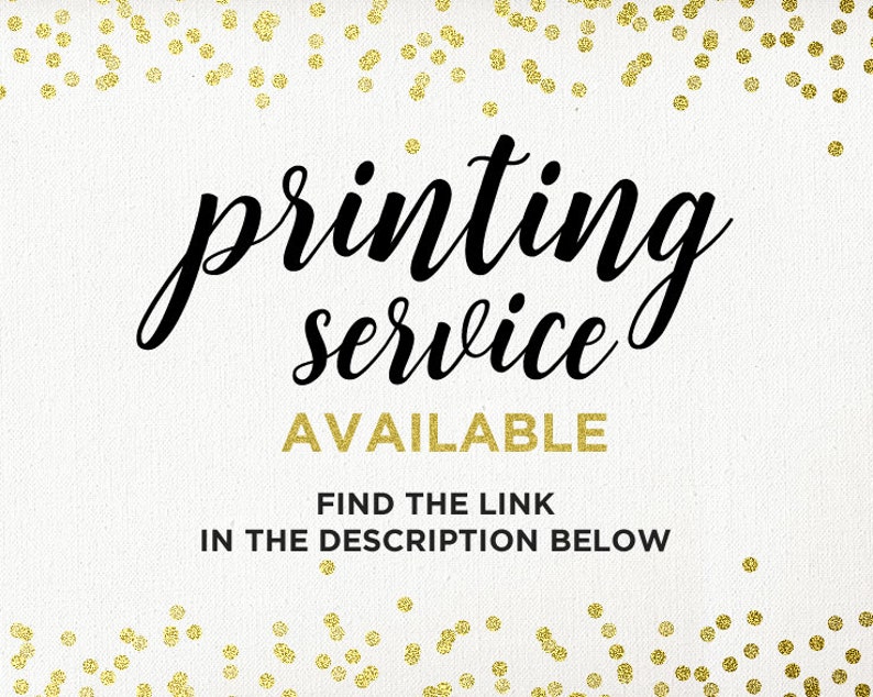 Może przedstawiać: Białe tło ze złotym konfetti i słowami "printing service" w eleganckim czarnym skrypcie. Poniżej, w kolorze złotym, napis "AVAILABLE" i "FIND THE LINK IN THE DESCRIPTION BELOW".