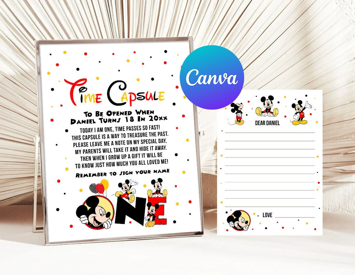 Mickey Mouse Erster Geburtstag Time Capsule Boy Mickey 1st Birthday Party Dekoration Passende Notizkarten Digital Druckbare Bearbeitbare Vorlage