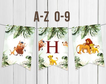 Wydrukowany baner z literami od A do Z, Król Lew, pierwsze urodziny chłopca, dekoracja Hakuna Matata, Simba Pumba, Timone Nala, cyfrowe natychmiastowe pobieranie