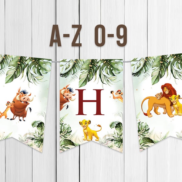 Printable Banner Letters A to Z Lion King First Birthday Boy Hakuna Matata Decoration Simba Pumbaa Timone Nala Digital Instant Download