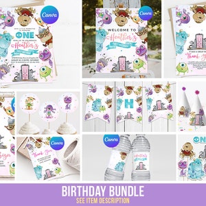 Monsters University First Birthday Party Decorations Bundle Little Monster Invitation Digital Editable Banner Template Printable Thank You