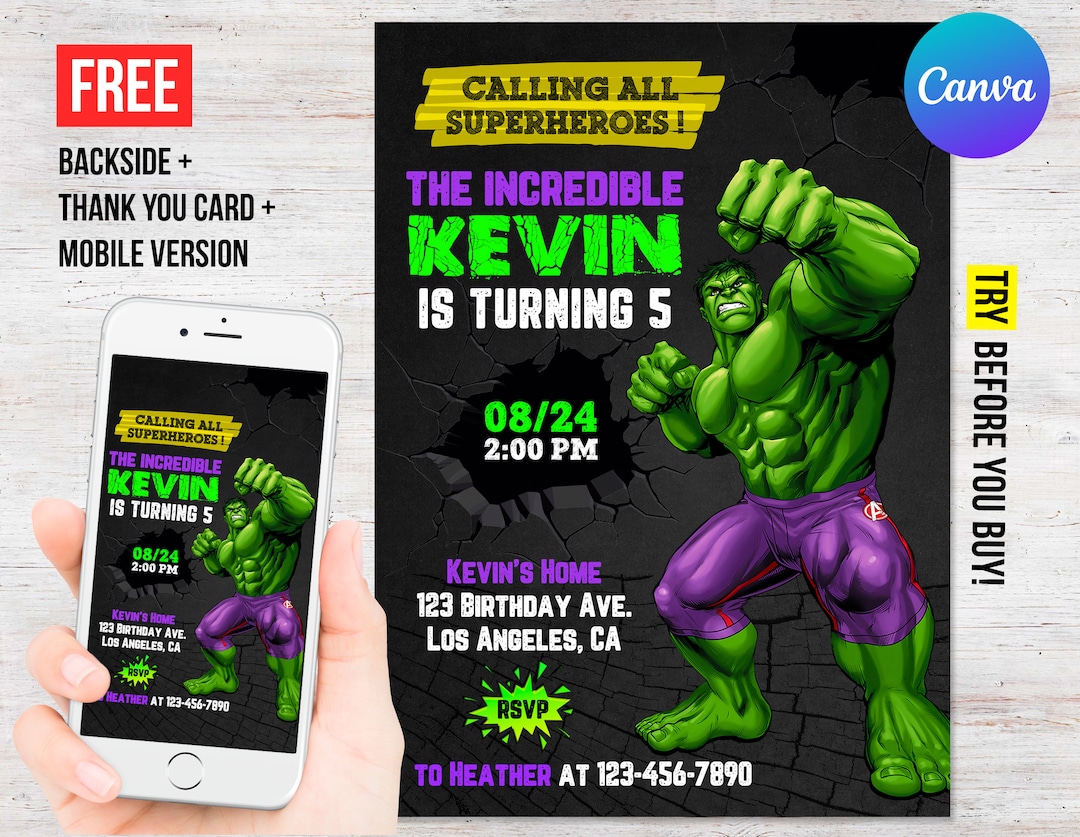 Hulk Birthday Invitation Boy Superhero Party Thank You Card Editable ...