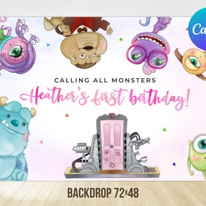May include: A colourful backdrop featuring cartoon monsters and the text "Calling All Monsters" and "Heather's first birthday!". The backdrop is 183x122 cm and includes a door and confetti.