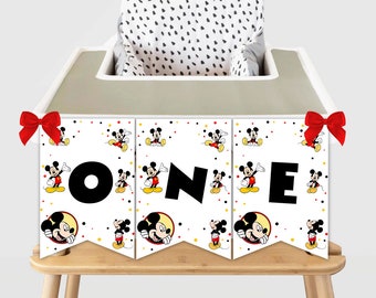 Printable High Chair ONE Birthday Banner Mickey Mouse First Birthday Boy Mickey 1st Birthday Party Decoration Digital