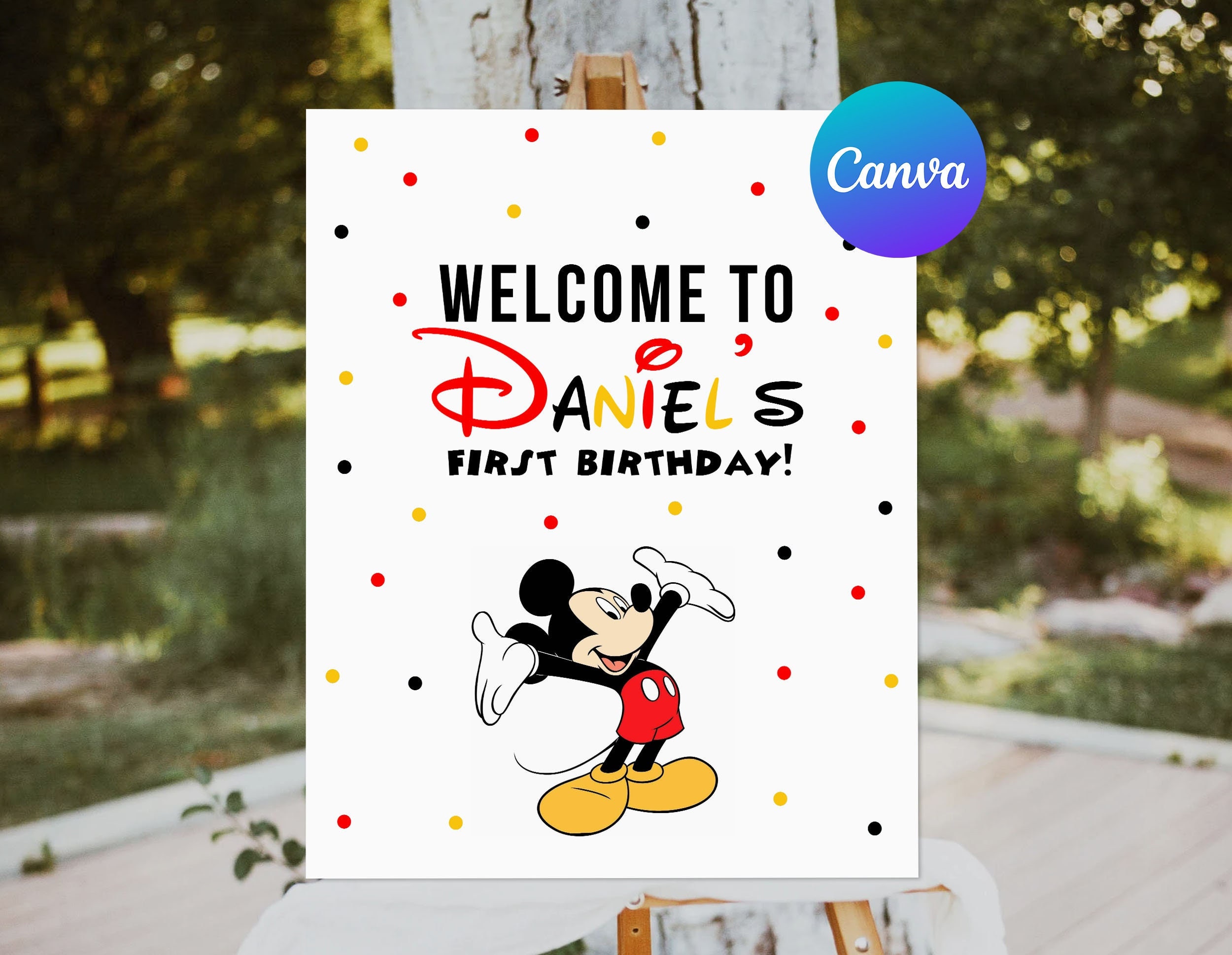 Mickey Mouse First Birthday Welcome Sign Boy Mickey 1st Birthday Party Welcome Outdoor Yard Sign Editable Template Printable Decoration