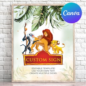 May include: A framed print featuring characters from a popular animated film. The artwork includes a monkey, lions, and a lion cub, set against a backdrop of green foliage. The words "CUSTOM SIGN" are displayed in a red banner. The Canva logo is visible.