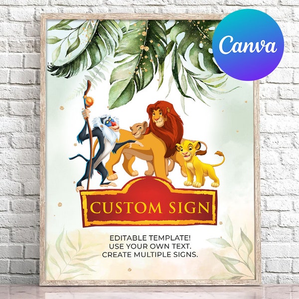 Lion King First Birthday Custom Sign Boy Hakuna Matata Simba Pumbaa Timone Nala Jungle Outdoor Yard Sign Digital Editable Template Printable