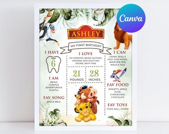 May include: A framed birthday milestone poster featuring the name "Ashley" and illustrations from The Lion King. The poster includes details about the child's age, weight (21 pounds), height (28 inches), favorite things, and personality traits.