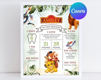 Lion King First Birthday Milestone Board Boy Hakuna Matata Simba Pumbaa Timone Milestone Sign Decoration Digital Printable Editable Template