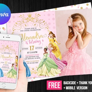 Princess Birthday Photo Girl Invitation Editable Template Custom Printable Instant Download Digital or Printed Cinderella, Ariel, Belle