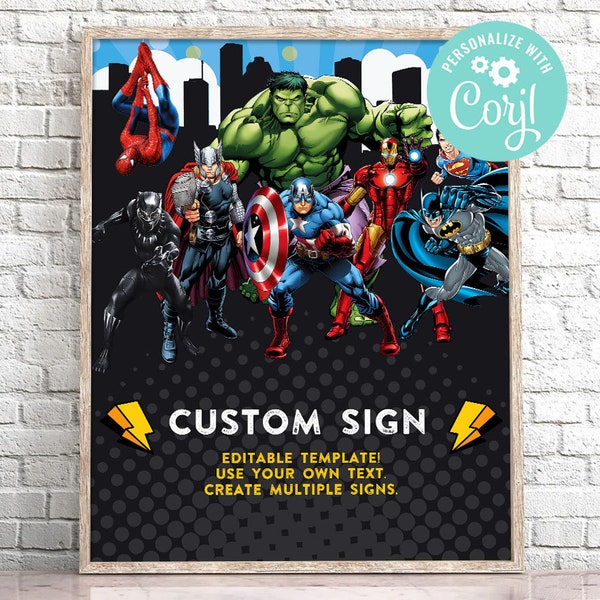 Superhero Birthday Custom Sign Boy Avengers Party Outdoor Yard Sign Decoration Digital Editable Template Printable