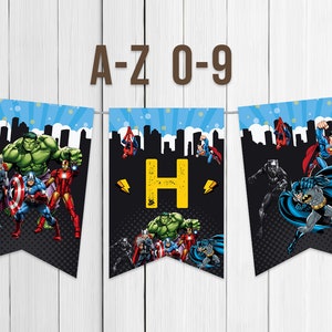 Imprimible Banner Letras A a Z Superher Cumpleaños Niño Vengadores Fiesta Decoración Descarga Instantánea Digital
