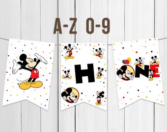 Letras de la A a la Z para imprimir en pancartas de Mickey Mouse para primer cumpleaños de niño, decoración para fiesta de primer cumpleaños de Mickey, descarga digital instantánea.