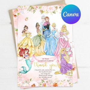 Prinzessin Danke, Karte zum ersten Geburtstag Gold Royal Rose Mädchen magische Feier Sofortiger Download Digital druckbare bearbeitbare Vorlage