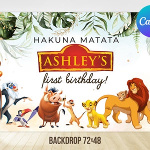 Lion King First Birthday Backdrop Boy Hakuna Matata Simba Pumbaa Timone Nala Jungle Decor Printable Editable Template Digital Printable
