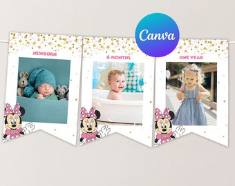 Minnie Mouse First Birthday Photo Banner Girl Minnie 1st Birthday Party Decoration Glitter Gold and Pink Editable Template Digital Printable