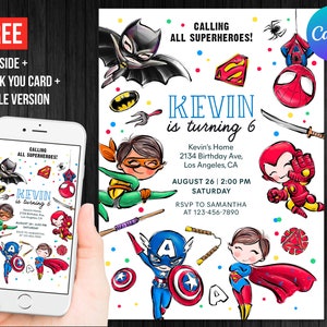Superhero Boy Birthday Invitation Thank You Card Editable Template Instant Download Calling All Superboys Theme Party Digital or Printed