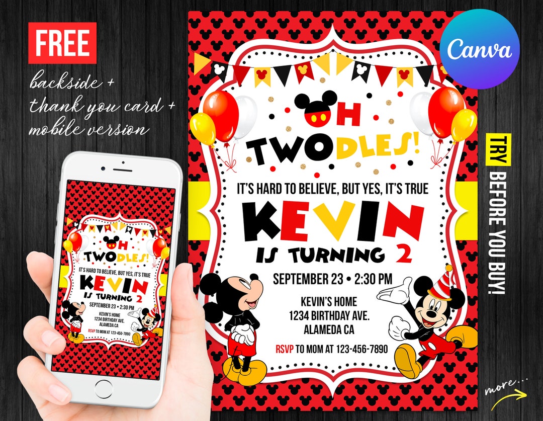 Oh Twodles Mickey Mouse Second Birthday Invitation Boy Electronic Thank ...