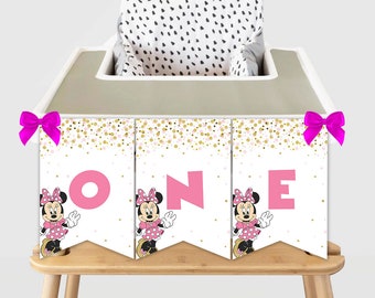 Printable High Chair ONE Birthday Banner Minnie Mouse First Birthday Girl Minnie 1st Birthday Party Decoration Glitter Gold and Pink Digital