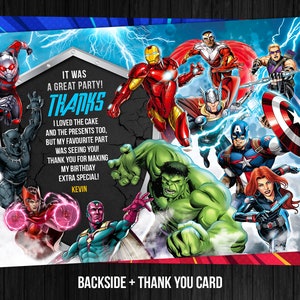Cartão de agradecimento de super-herói aniversariante, festa dos Vingadores, modelo editável para impressão, Canva, etiqueta de presente digital ou impressa