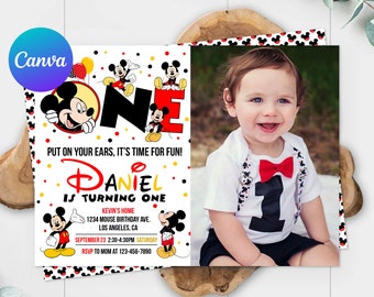 Micky Maus Erster Geburtstag Einladung Foto Bild Junge Mickey 1. Geburtstag einladen Party Dekoration Bearbeitbare Vorlage Digital oder gedruckt