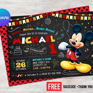 Mickey Mouse First Birthday Invitation Boy Instant Download Thank You Card Editable Template Digital or Printed Printable Invite