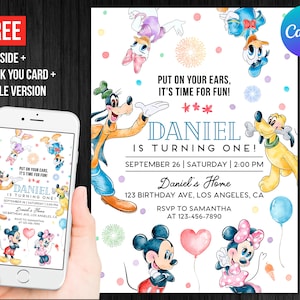 Mickey Mouse Clubhouse First Birthday Invitation Photo Picture Boy Party Thank You Card Mobile Phone Evite Editable Template Digital Printed