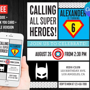 Superhero Boy Birthday Invitation Thank You Card Editable Template Instant Download Calling All Superboys Theme Party Digital or Printed