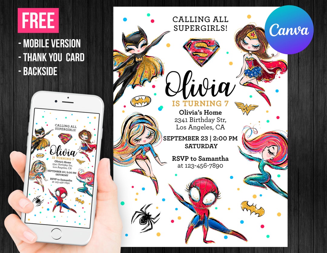 Superhero Girl Birthday Invitation Photo Picture Editable Template ...