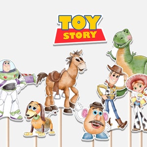 Puede incluir: Ilustraciones en acuarela de personajes de Toy Story, incluyendo a Buzz Lightyear, Woody, Jessie, Rex, Sr. Potato, Slinky Dog y Bullseye. También está presente el logotipo de Toy Story. Cada personaje está unido a un palito de madera.