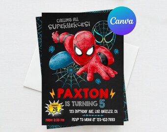Invitación de cumpleaños de Spiderman para niño, plantilla editable, descarga instantánea, fiesta temática de superhéroes, invitaciones digitales o impresas