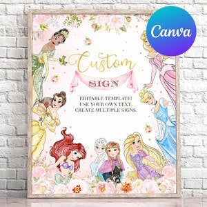 Op de afbeelding: Een ingelijste poster met aquarel illustraties van Disney prinsessen. De poster heeft de tekst "Custom SIGN" in gouden script, met extra tekst die aangeeft dat het een bewerkbare sjabloon is. Het Canva logo is zichtbaar.