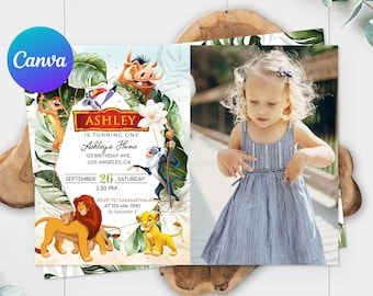 Rey León primer cumpleaños invitación tarjeta foto imagen Hakuna Matata Simba Pumbaa Timone Nala invitar plantilla editable digital imprimible