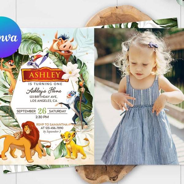 Carte d'invitation premier anniversaire Roi Lion Photo Hakuna Matata Simba Pumbaa Timone Nala Invitation modèle modifiable imprimable numérique