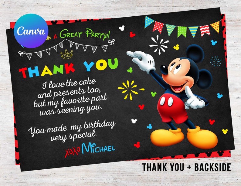 Mickey Mouse First Birthday Boy Thank You Card Digital Instant Download ...