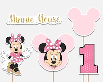 Minnie Mouse centros de mesa primer cumpleaños decoración niña Minnie 1er cumpleaños fiesta decoración oro y rosa recortes pastel topper imprimible digital