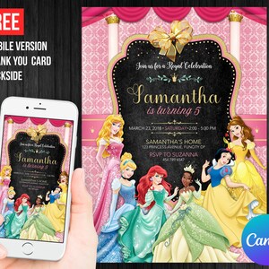 Princess Birthday Girl Invitation Editable Template Custom Printable Instant Download Digital or Printed Cinderella, Ariel, Belle